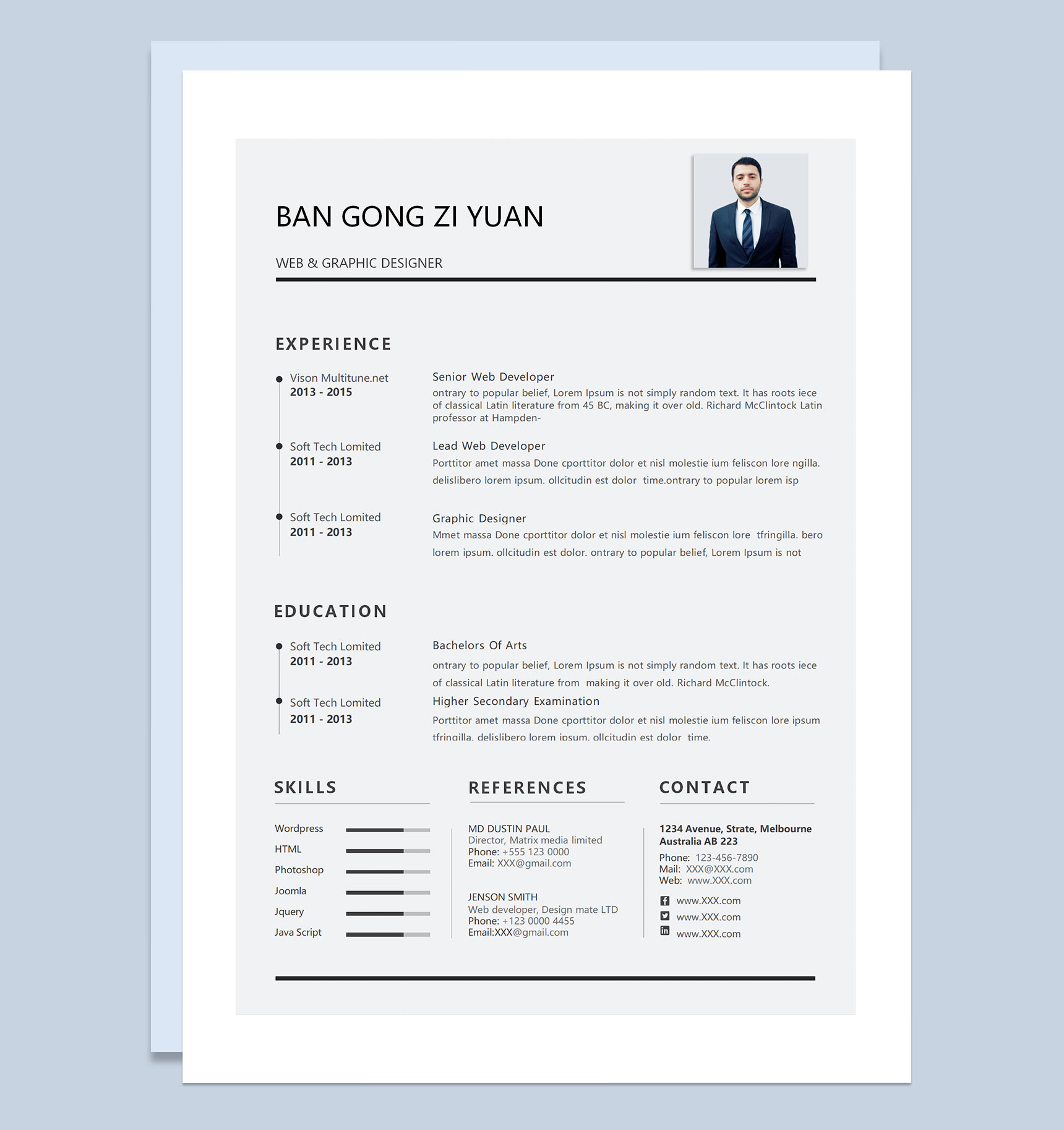 极简风外企网页和平面设计师求职通用个人简历英文简历Word模板